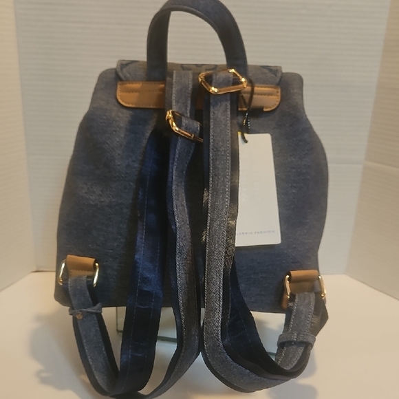 Elegant Faux Leather Denim Like Blue Backpack with Gold Hardware main image 7